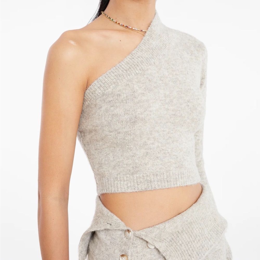 RUVE YOUN Asymmetrical One Shoulder Knit Wool Crop Top Beige
